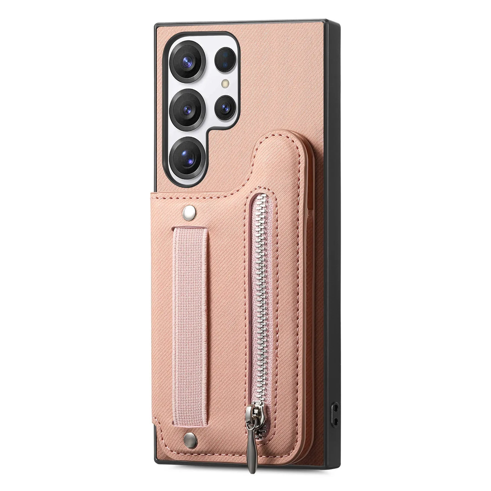 Wristband wallet card holder phone case in imitation leather with embossed finish for Samsung, featuring bracket and multiple colours