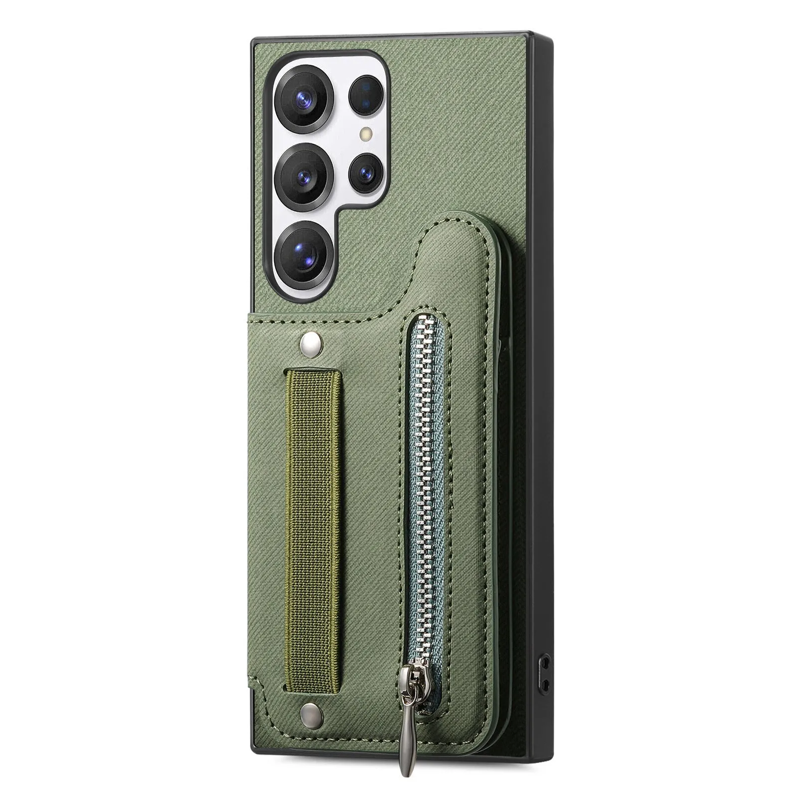 Wristband wallet card holder phone case in imitation leather with embossed finish for Samsung, featuring bracket and multiple colours