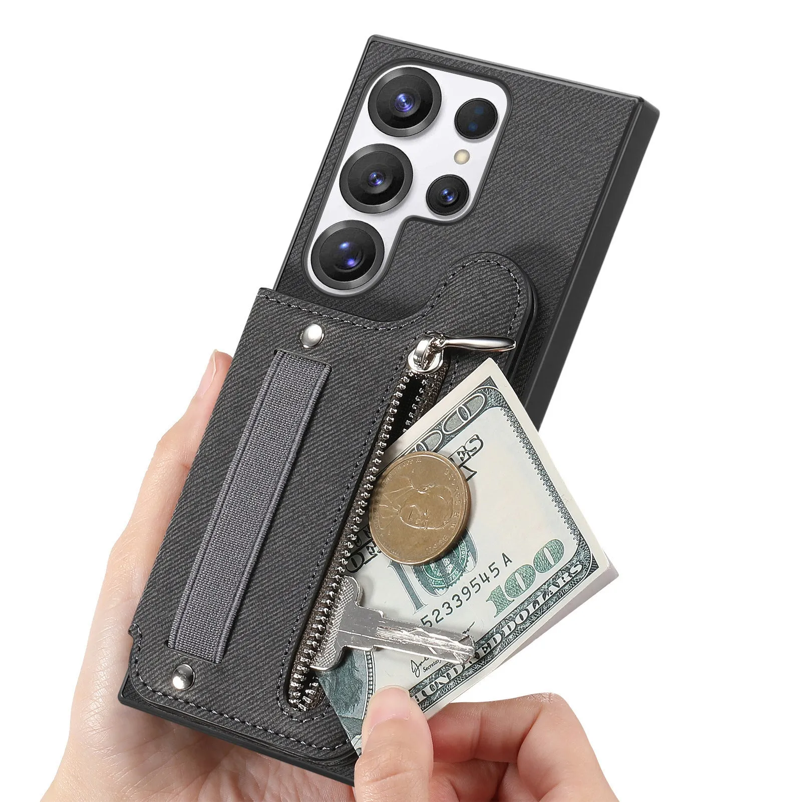 Wristband wallet card holder phone case in imitation leather with embossed finish for Samsung, featuring bracket and multiple colours