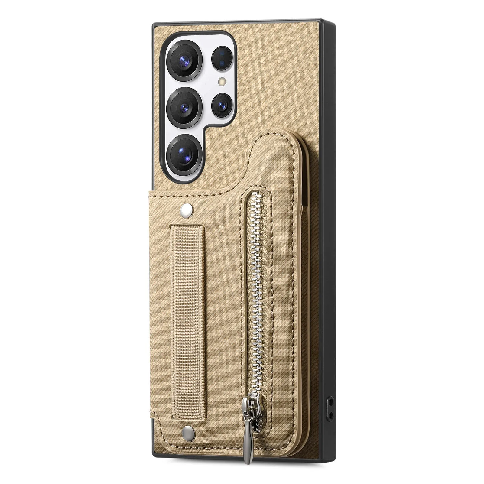 Wristband wallet card holder phone case in imitation leather with embossed finish for Samsung, featuring bracket and multiple colours