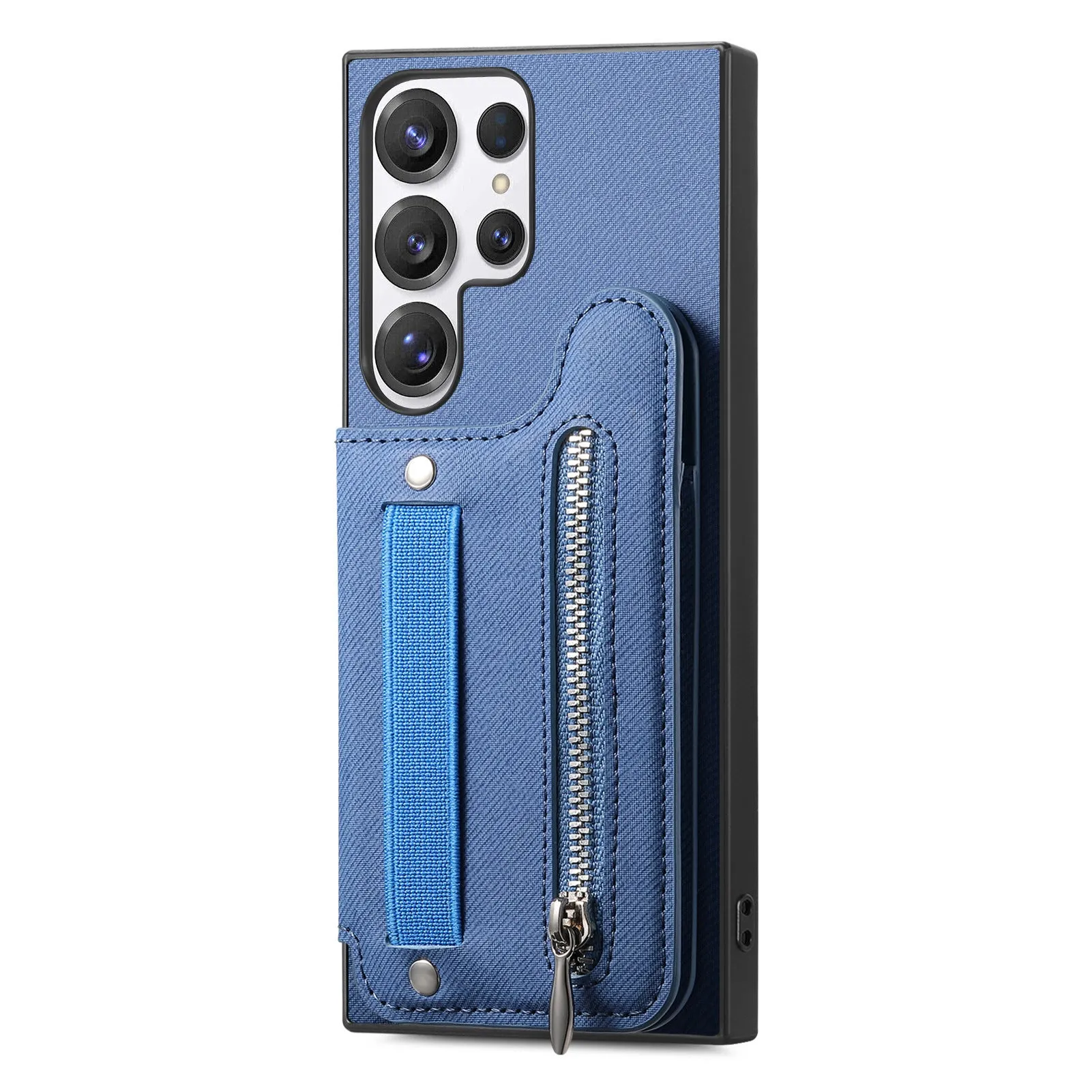 Wristband wallet card holder phone case in imitation leather with embossed finish for Samsung, featuring bracket and multiple colours