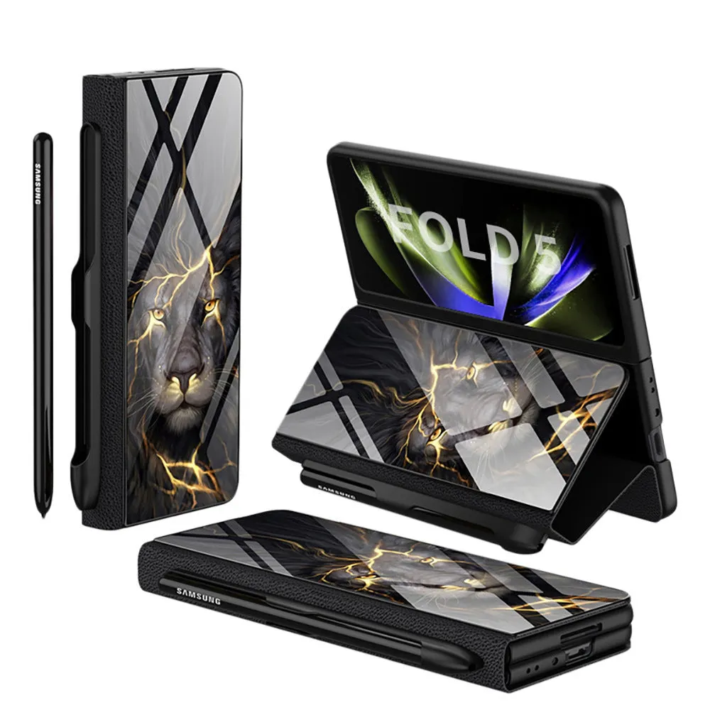 Samsung Galaxy Z Fold5 folding screen phone case in creative flip glass style with imitation leather finish, multiple colours shown