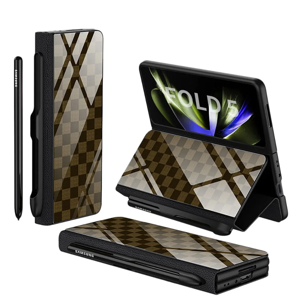 Samsung Galaxy Z Fold5 folding screen phone case in creative flip glass style with imitation leather finish, multiple colours shown