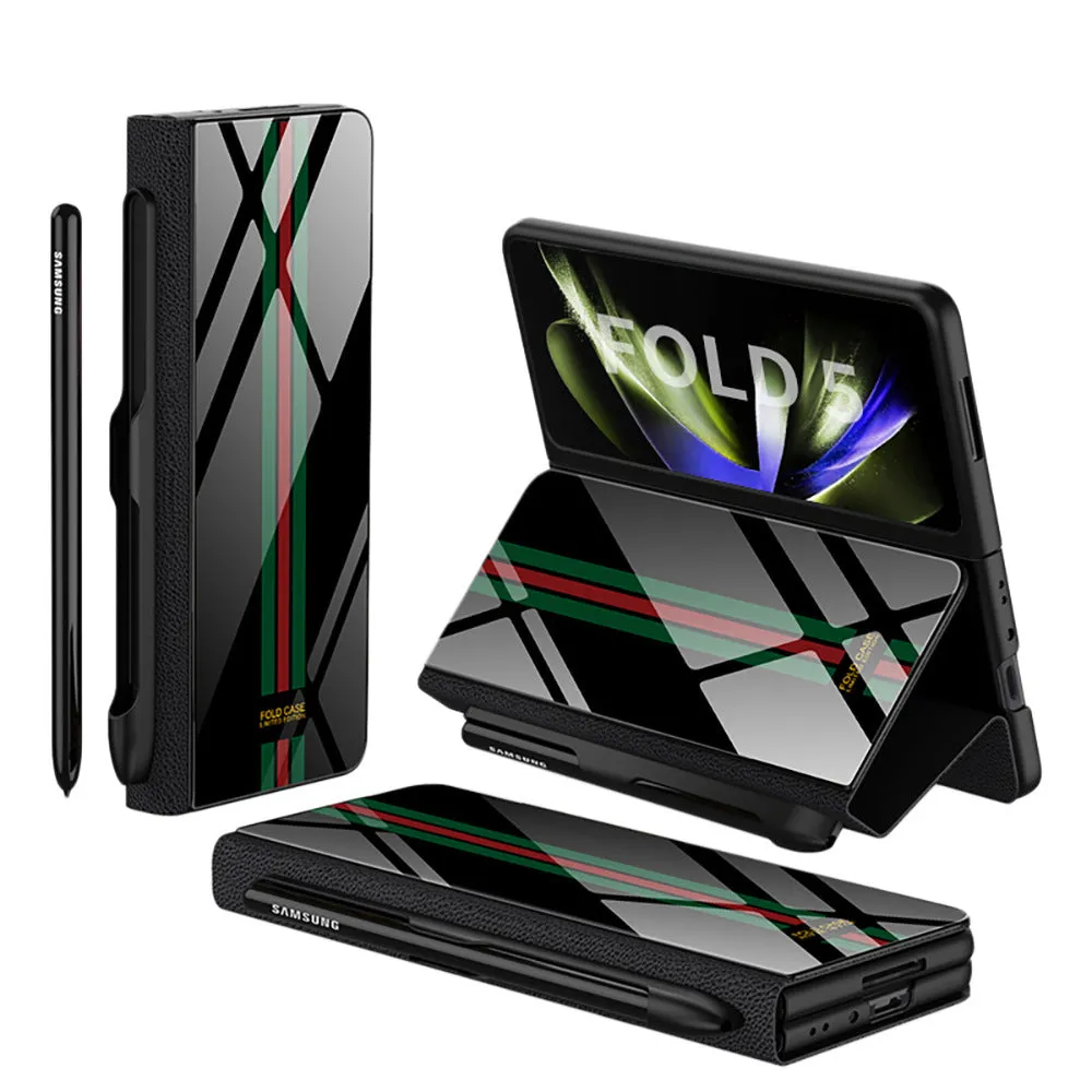 Samsung Galaxy Z Fold5 folding screen phone case in creative flip glass style with imitation leather finish, multiple colours shown