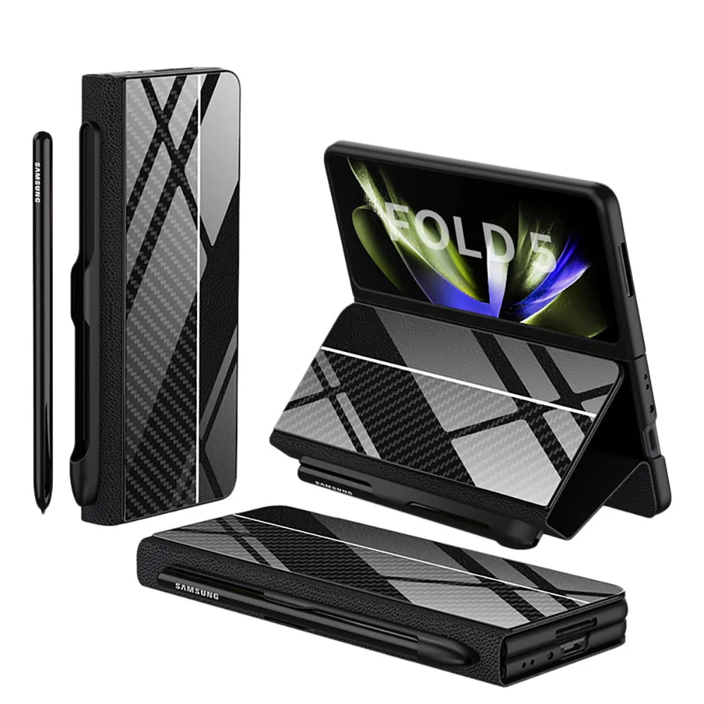 Samsung Galaxy Z Fold5 folding screen phone case in creative flip glass style with imitation leather finish, multiple colours shown