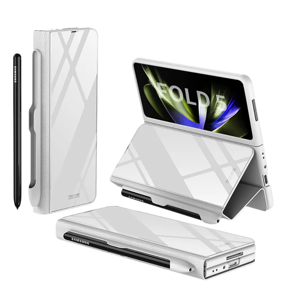 Samsung Galaxy Z Fold5 folding screen phone case in creative flip glass style with imitation leather finish, multiple colours shown