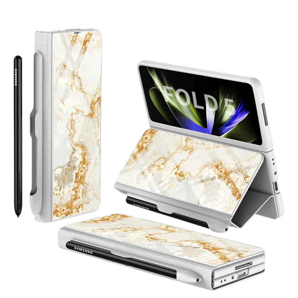 Samsung Galaxy Z Fold5 folding screen phone case in creative flip glass style with imitation leather finish, multiple colours shown