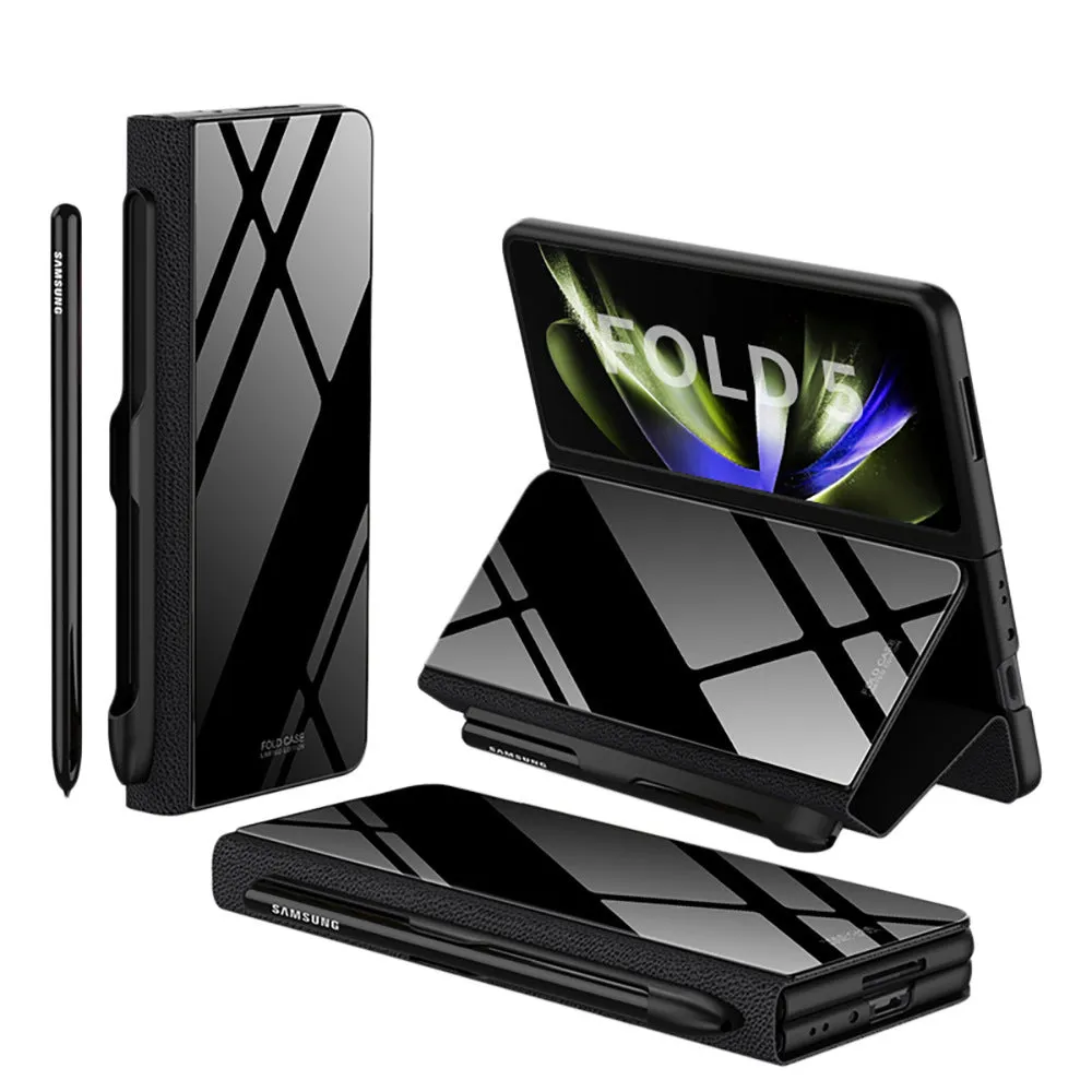 Samsung Galaxy Z Fold5 folding screen phone case in creative flip glass style with imitation leather finish, multiple colours shown