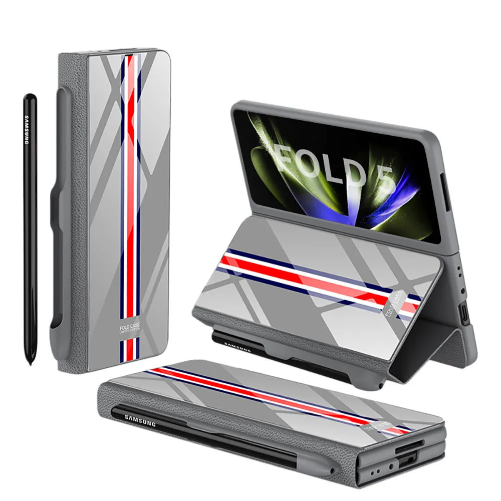 Samsung Galaxy Z Fold5 folding screen phone case in creative flip glass style with imitation leather finish, multiple colours shown