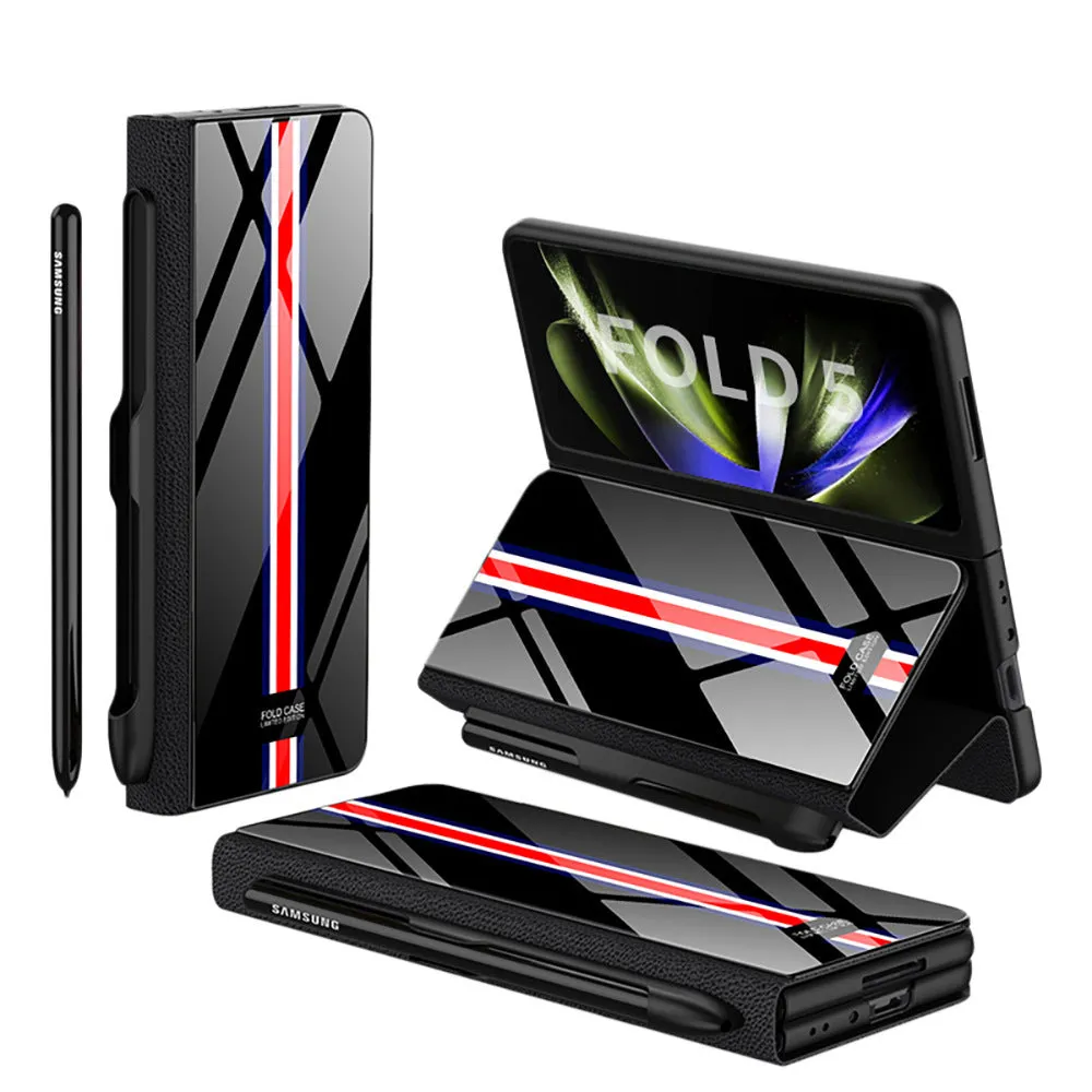 Samsung Galaxy Z Fold5 folding screen phone case in creative flip glass style with imitation leather finish, multiple colours shown