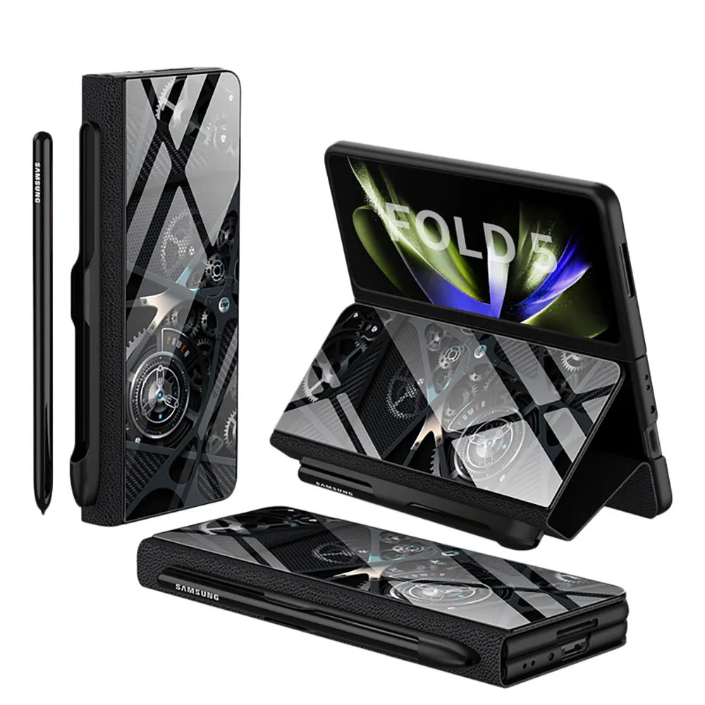 Samsung Galaxy Z Fold5 folding screen phone case in creative flip glass style with imitation leather finish, multiple colours shown
