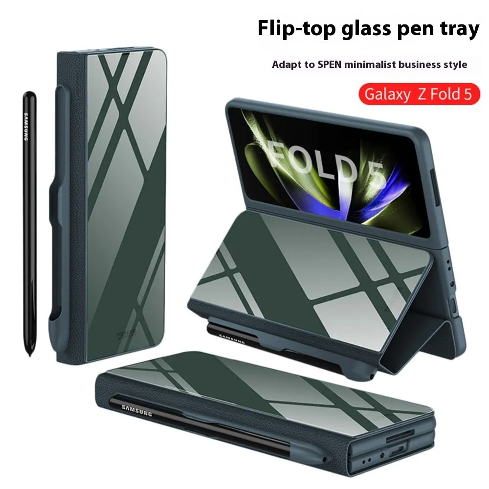 Samsung Galaxy Z Fold5 folding screen phone case in creative flip glass style with imitation leather finish, multiple colours shown