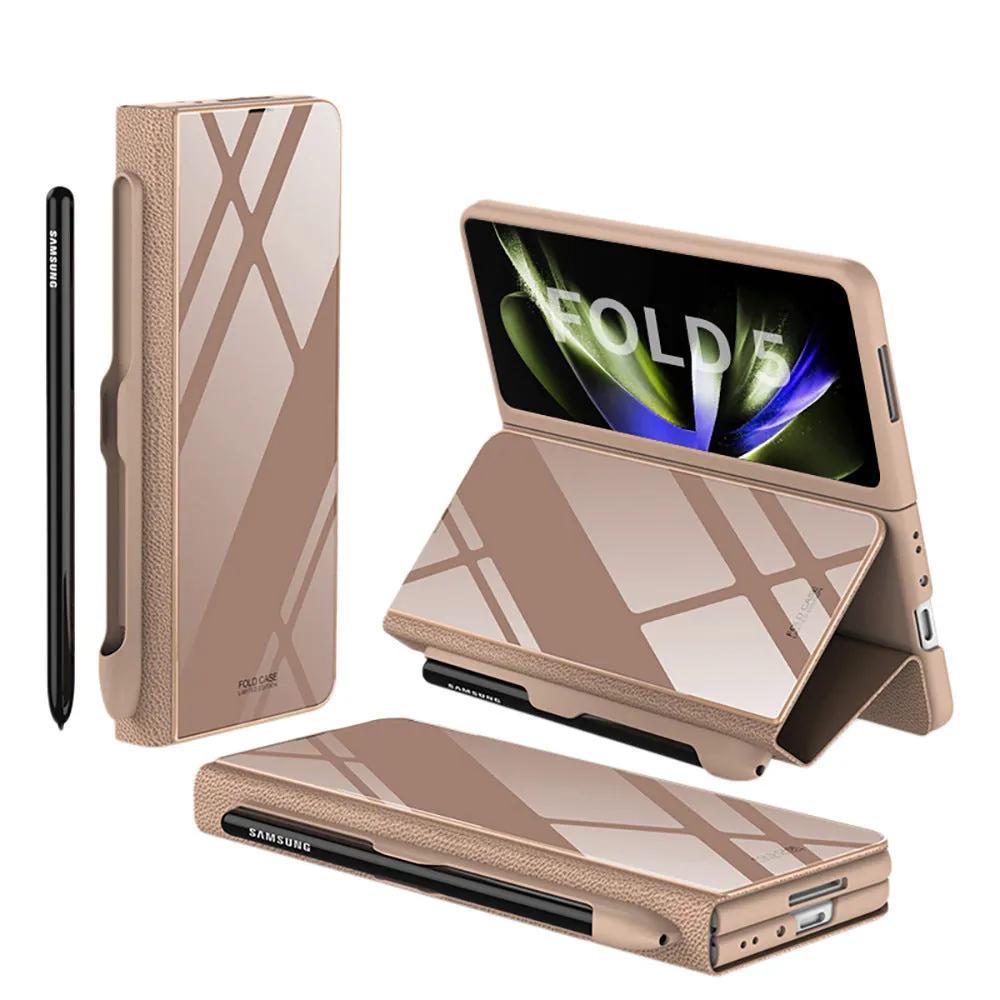 Samsung Galaxy Z Fold5 folding screen phone case in creative flip glass style with imitation leather finish, multiple colours shown