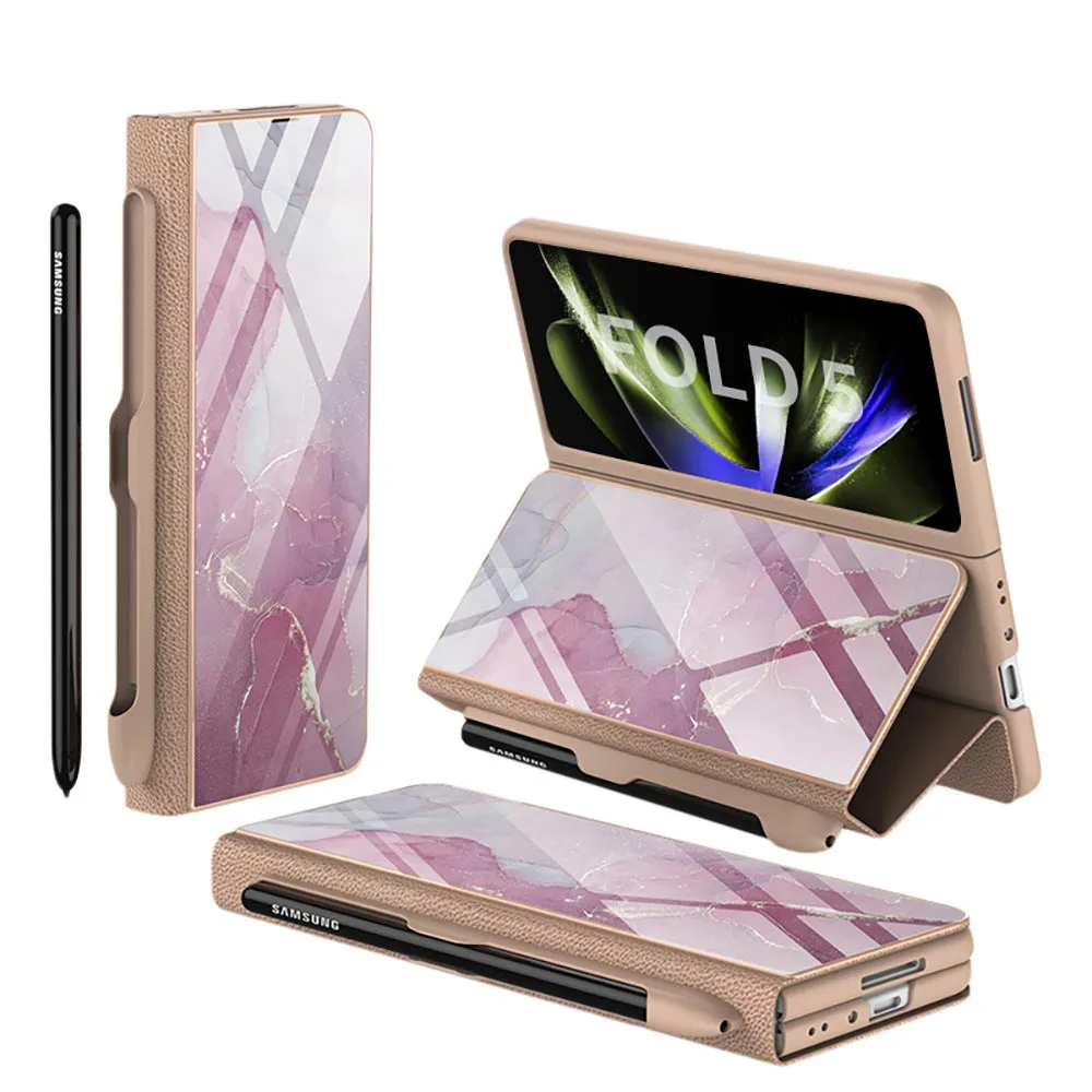 Samsung Galaxy Z Fold5 folding screen phone case in creative flip glass style with imitation leather finish, multiple colours shown