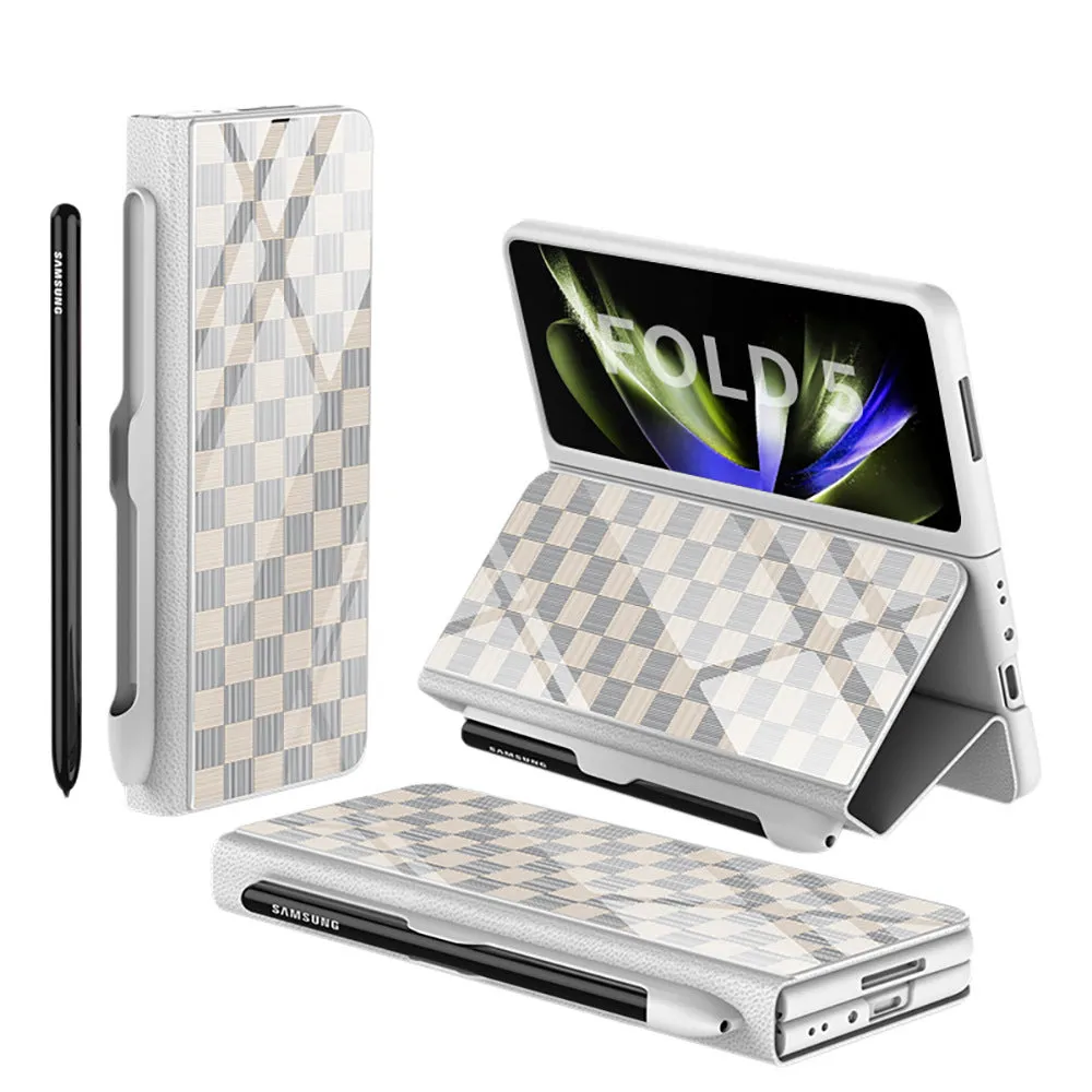 Samsung Galaxy Z Fold5 folding screen phone case in creative flip glass style with imitation leather finish, multiple colours shown