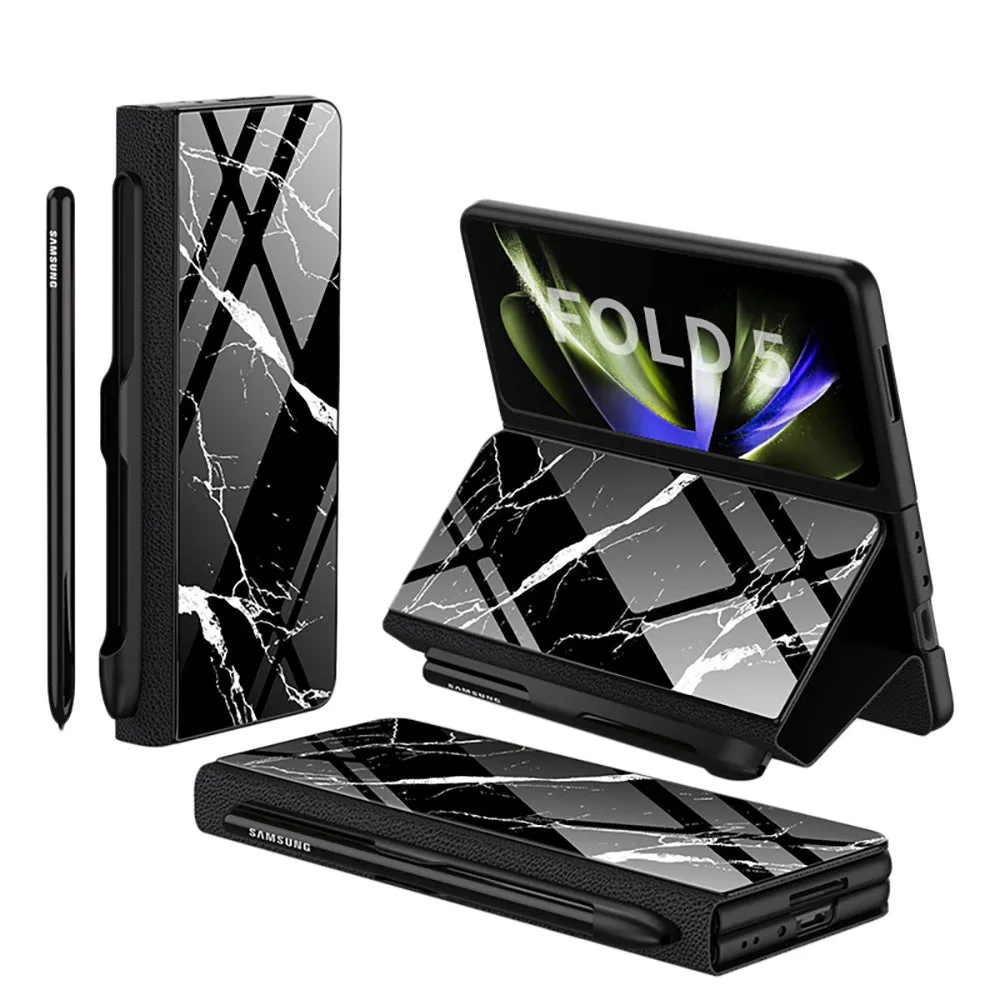 Samsung Galaxy Z Fold5 folding screen phone case in creative flip glass style with imitation leather finish, multiple colours shown