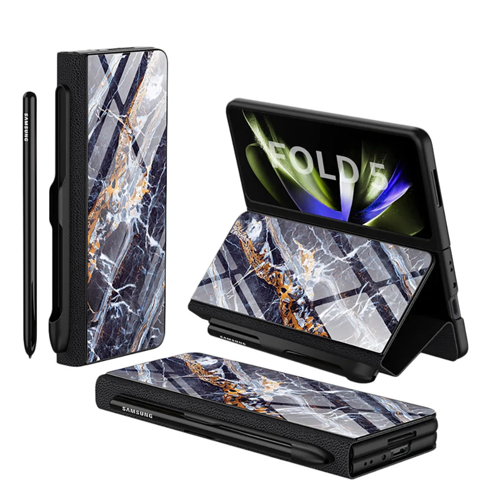 Samsung Galaxy Z Fold5 folding screen phone case in creative flip glass style with imitation leather finish, multiple colours shown