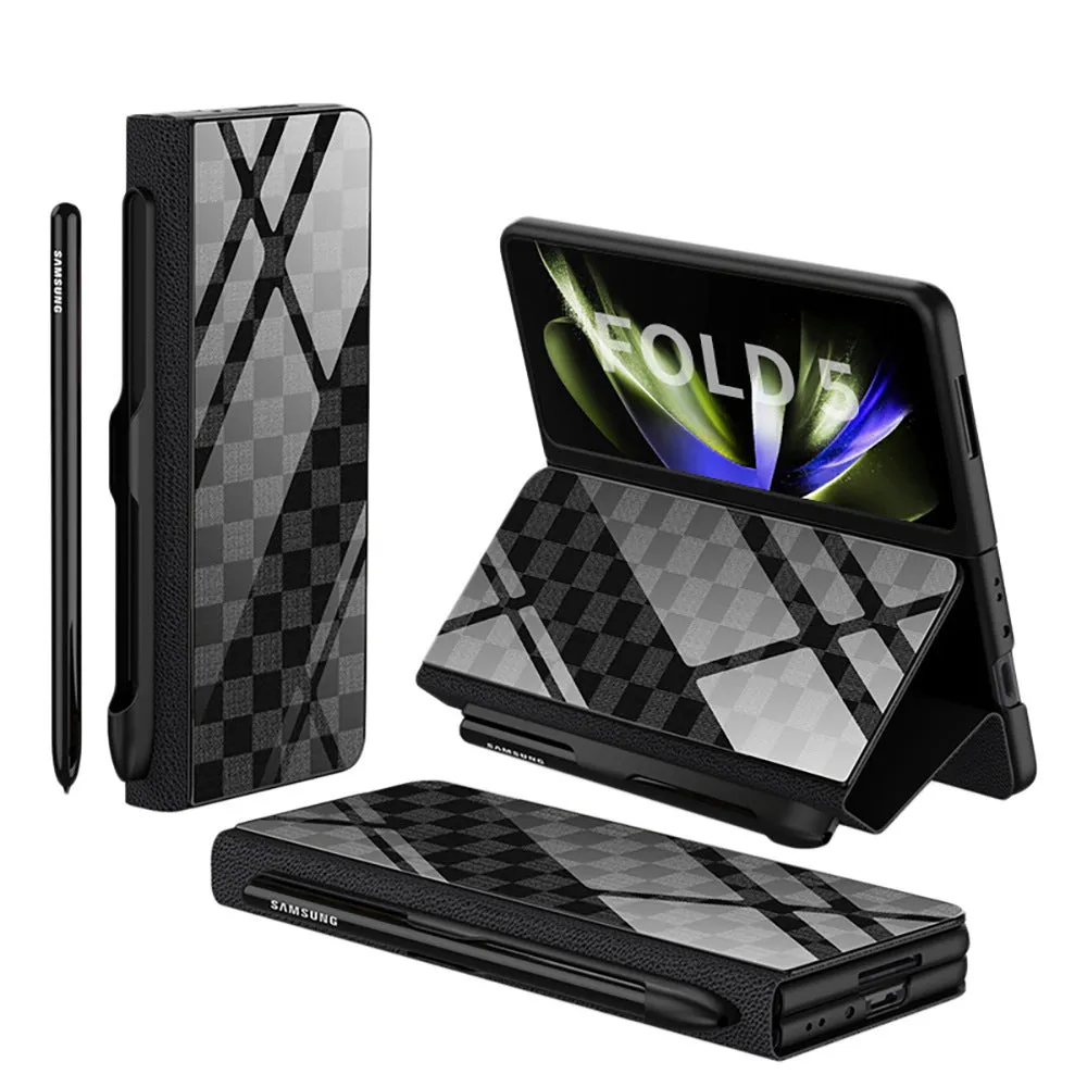 Samsung Galaxy Z Fold5 folding screen phone case in creative flip glass style with imitation leather finish, multiple colours shown