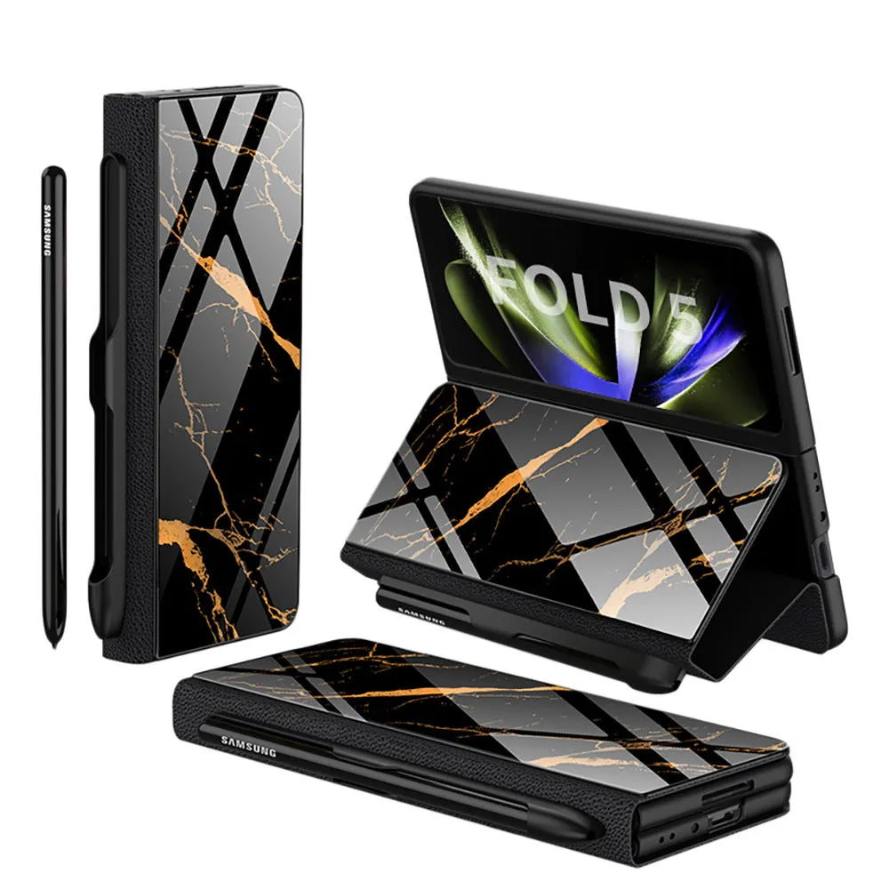 Samsung Galaxy Z Fold5 folding screen phone case in creative flip glass style with imitation leather finish, multiple colours shown