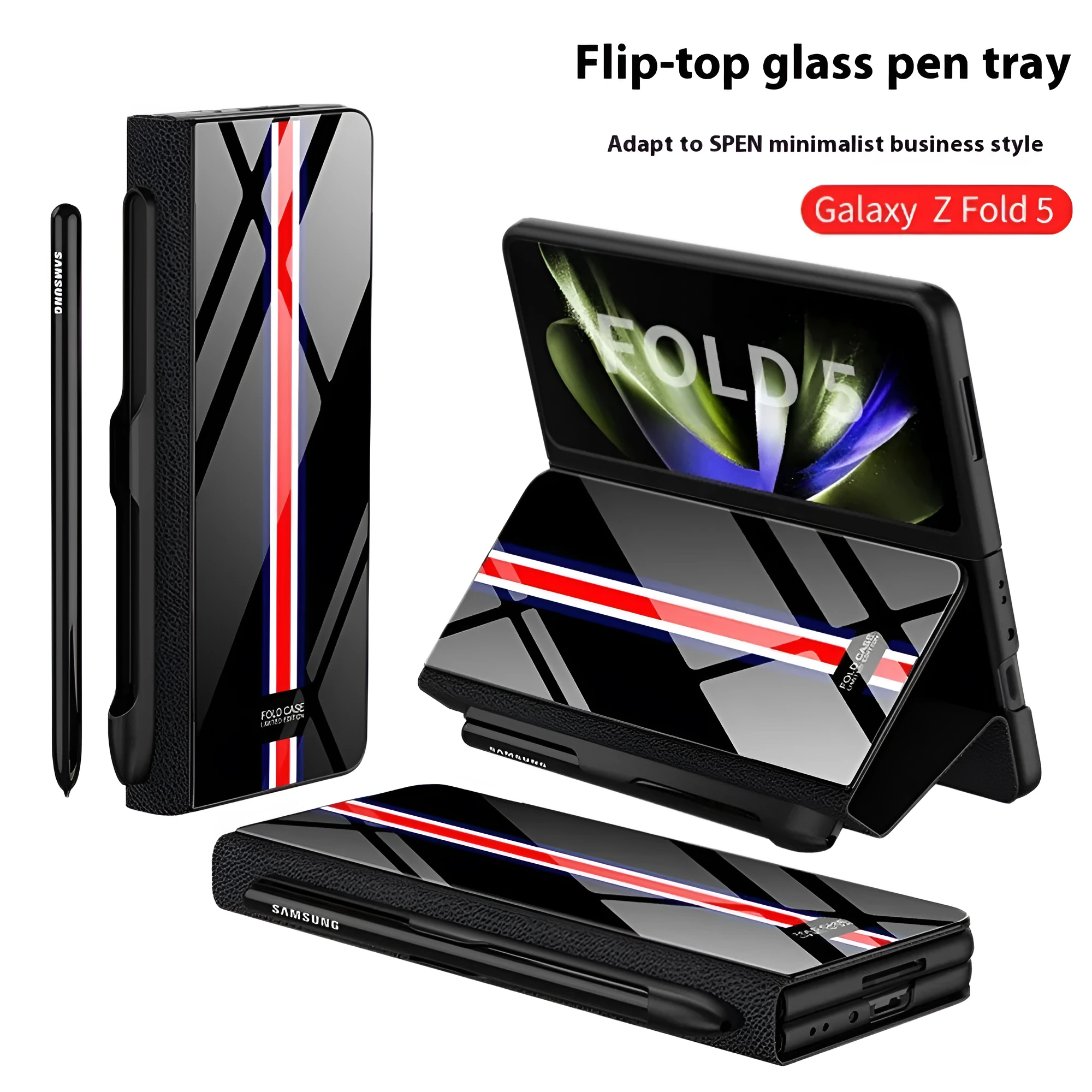 Samsung Galaxy Z Fold5 folding screen phone case in creative flip glass style with imitation leather finish, multiple colours shown