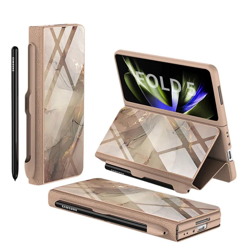 Samsung Galaxy Z Fold5 folding screen phone case in creative flip glass style with imitation leather finish, multiple colours shown