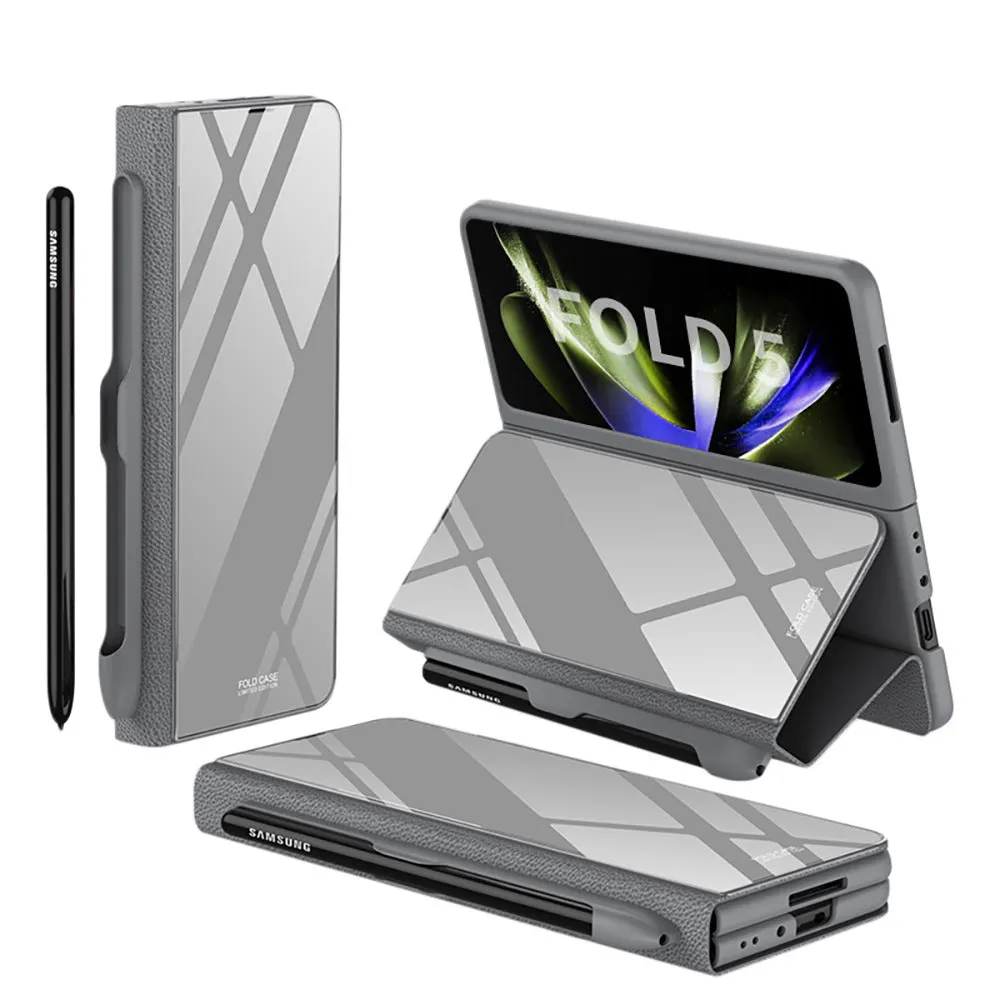 Samsung Galaxy Z Fold5 folding screen phone case in creative flip glass style with imitation leather finish, multiple colours shown