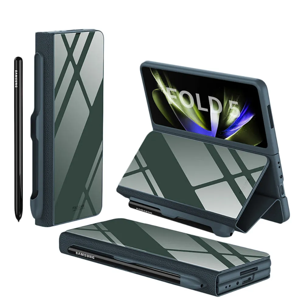 Samsung Galaxy Z Fold5 folding screen phone case in creative flip glass style with imitation leather finish, multiple colours shown