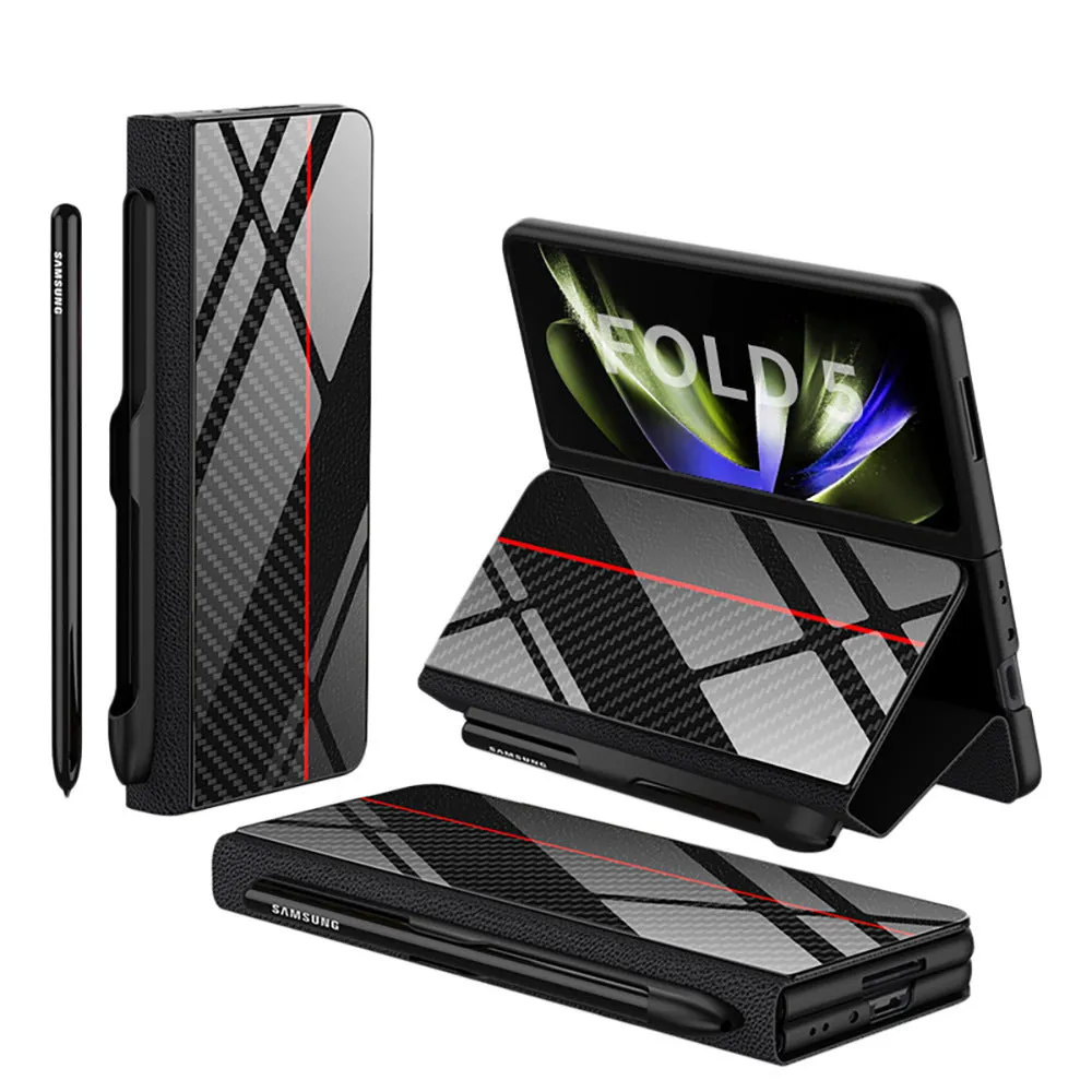 Samsung Galaxy Z Fold5 folding screen phone case in creative flip glass style with imitation leather finish, multiple colours shown