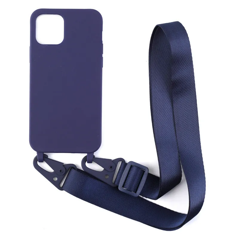 TPU lanyard phone case with dark red ribbon for iPhone 15 showing drop protection fit