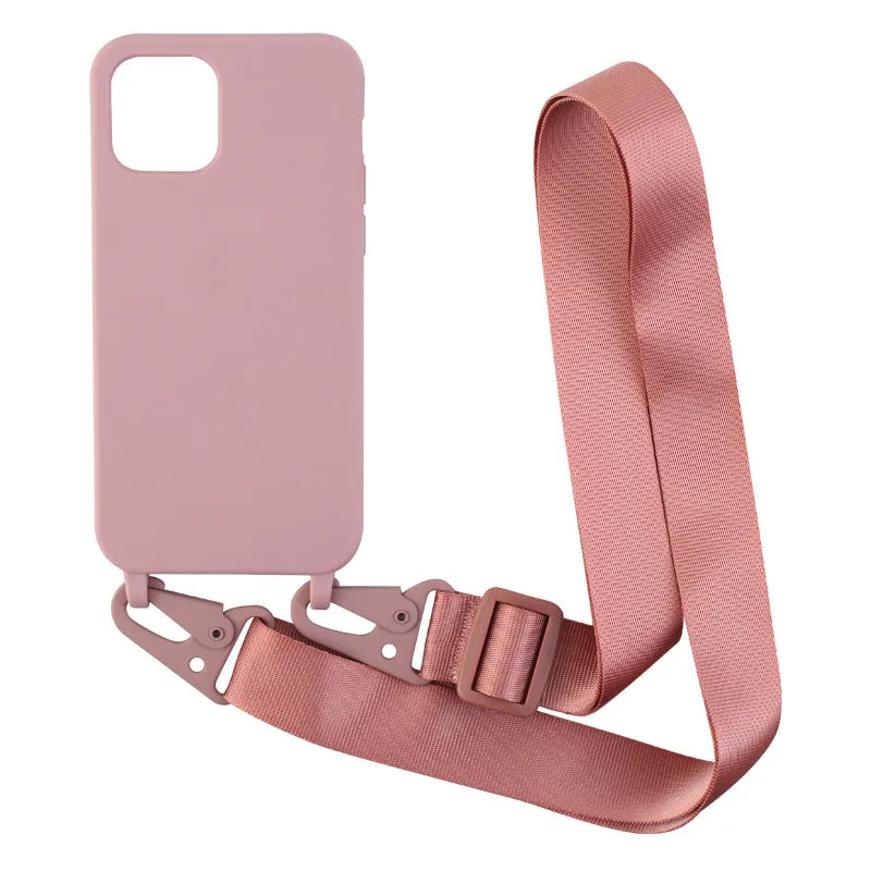 TPU lanyard phone case with dark red ribbon for iPhone 15 showing drop protection fit