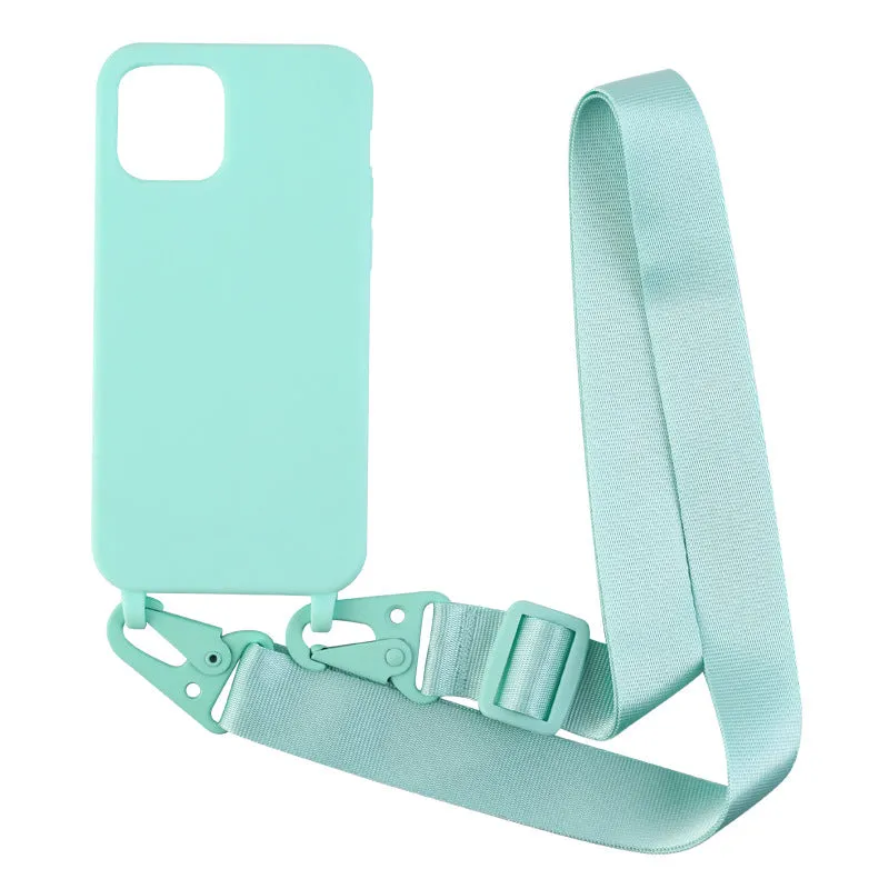 TPU lanyard phone case with dark red ribbon for iPhone 15 showing drop protection fit