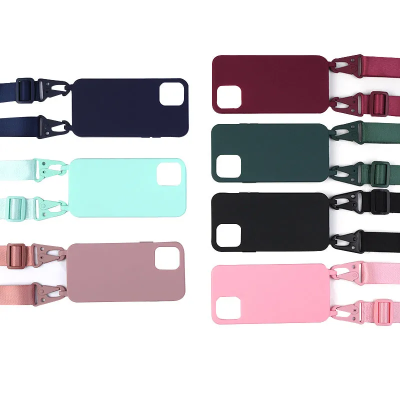 TPU lanyard phone case with dark red ribbon for iPhone 15 showing drop protection fit