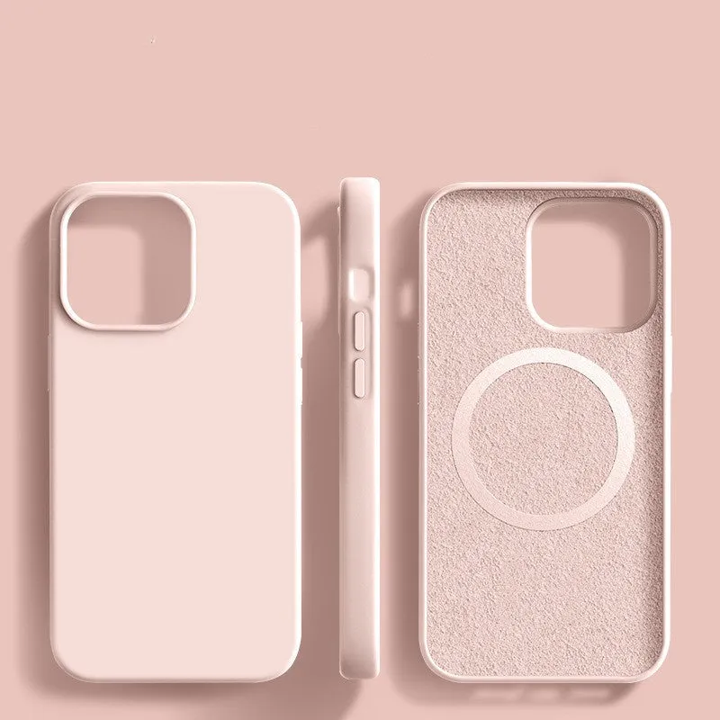 Liquid silicone magnetic phone case with frosted laser finish for iPhone 16 series in black