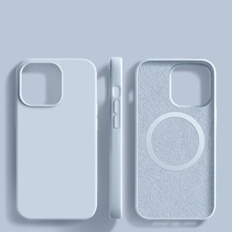 Liquid silicone magnetic phone case with frosted laser finish for iPhone 16 series in black