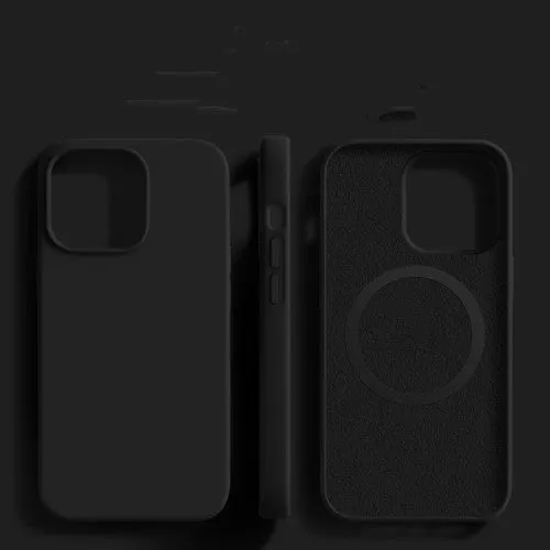 Liquid silicone magnetic phone case with frosted laser finish for iPhone 16 series in black