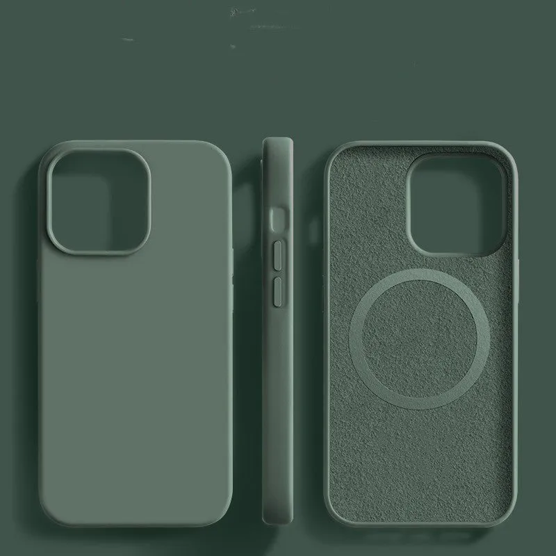 Liquid silicone magnetic phone case with frosted laser finish for iPhone 16 series in black