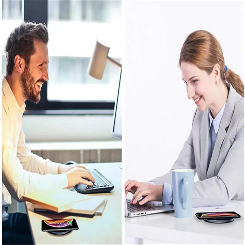 Black wireless charging pad with LED indicator for iPhone Samsung phones