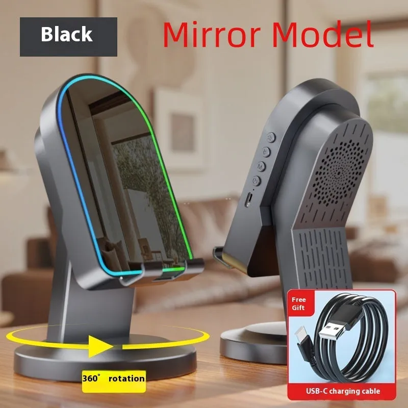 Three-in-one wireless induction speaker Bluetooth speaker bracket in black mirror style with phone holder and built-in battery
