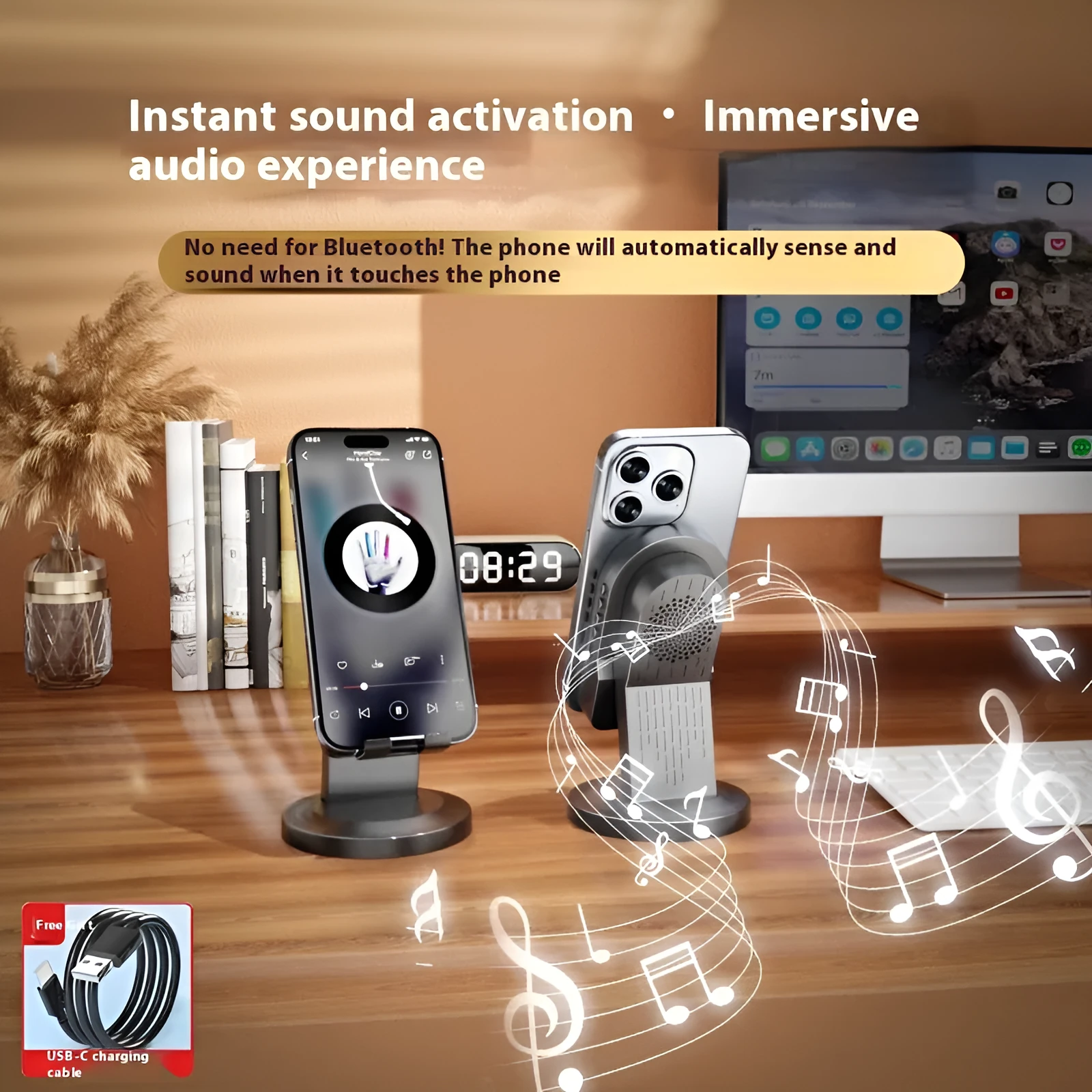 Three-in-one wireless induction speaker Bluetooth speaker bracket in black mirror style with phone holder and built-in battery