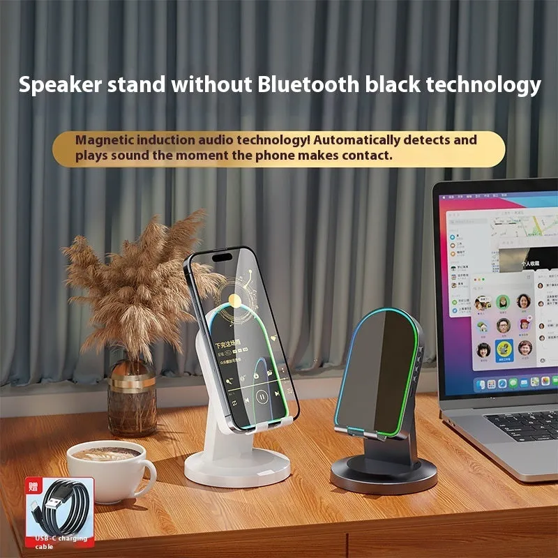 Three-in-one wireless induction speaker Bluetooth speaker bracket in black mirror style with phone holder and built-in battery