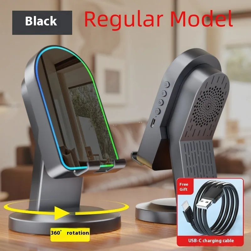 Three-in-one wireless induction speaker Bluetooth speaker bracket in black mirror style with phone holder and built-in battery