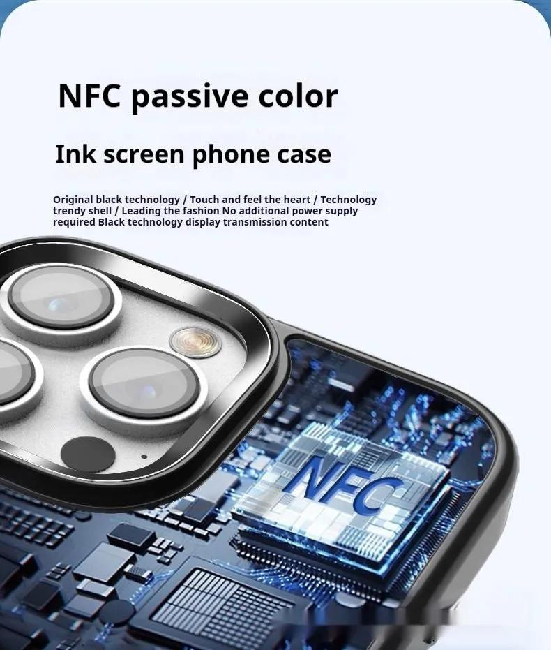 Black smart NFC phone case with four-colour e-ink screen and 3D relief texture for iPhone 11-16 series