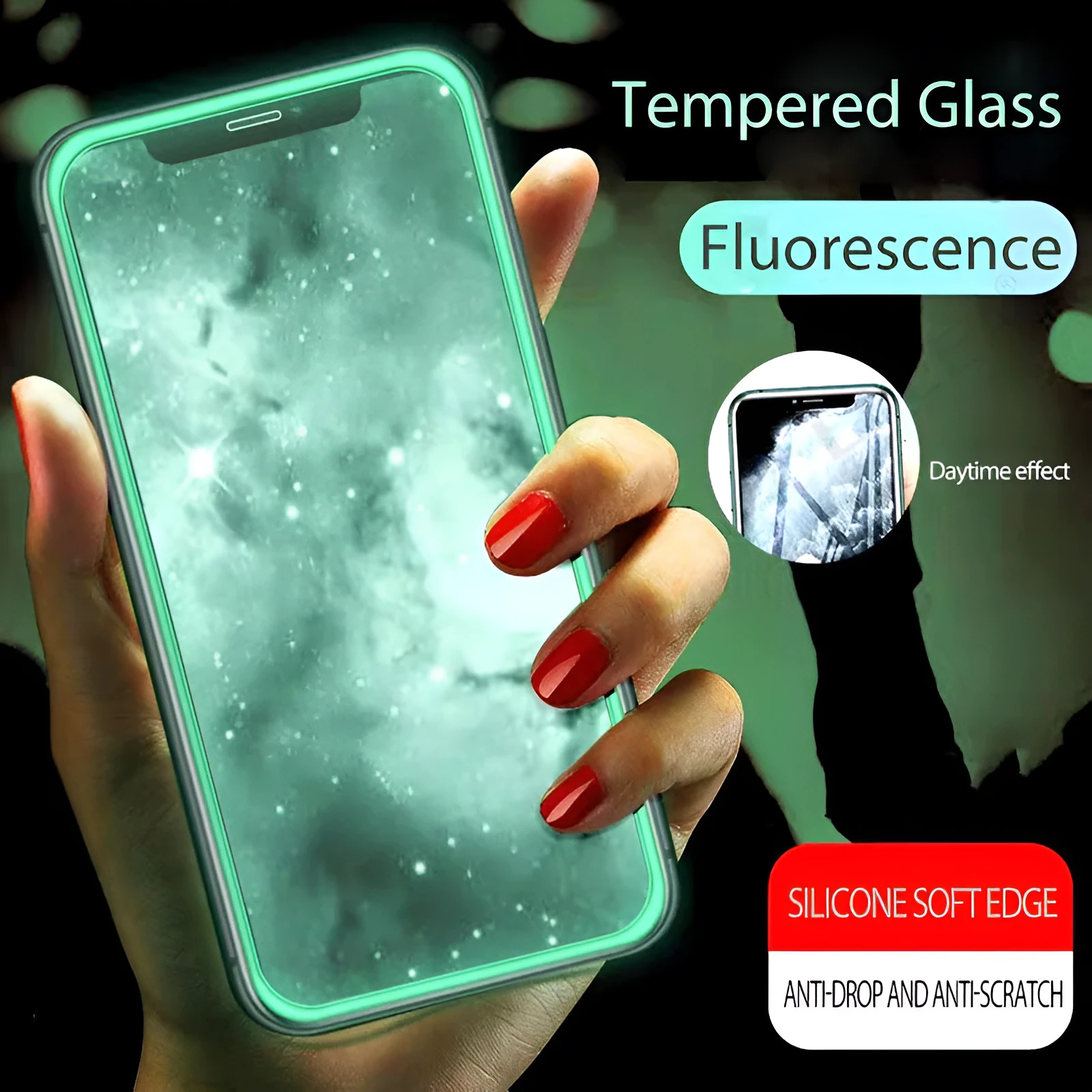 Luminous full cover tempered glass screen protector for iPhone glowing in dark on a phone.