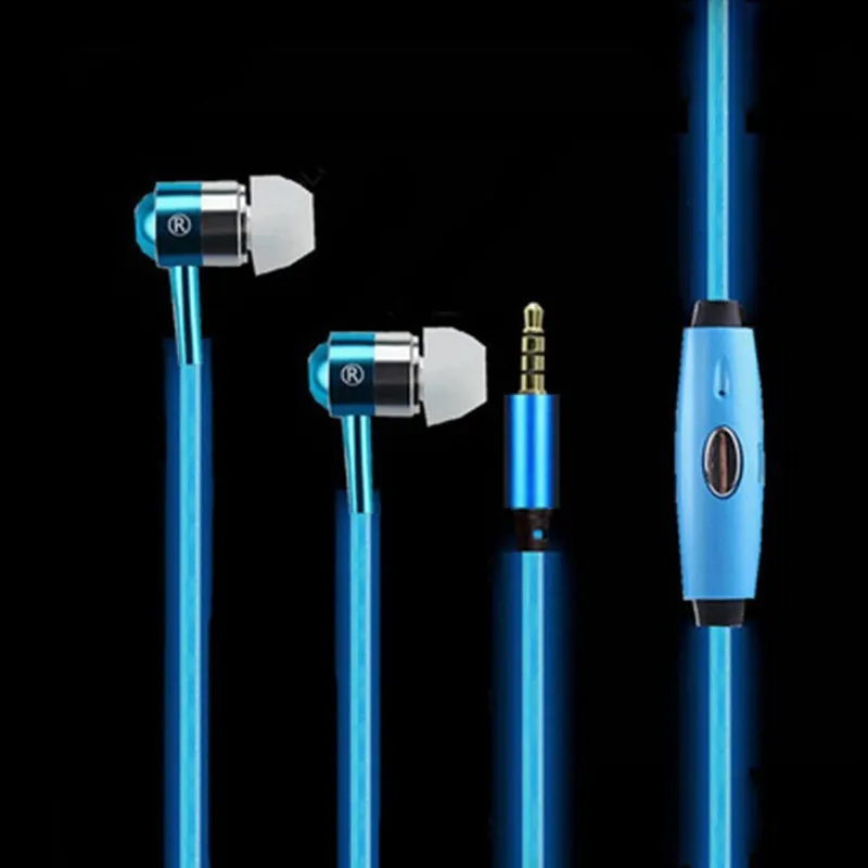 Blue Magic Light LED Earphones with illuminated EL light line and inline remote control.