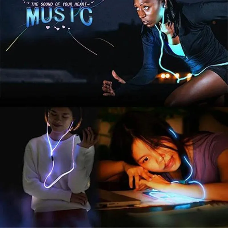 Blue Magic Light LED Earphones with illuminated EL light line and inline remote control.
