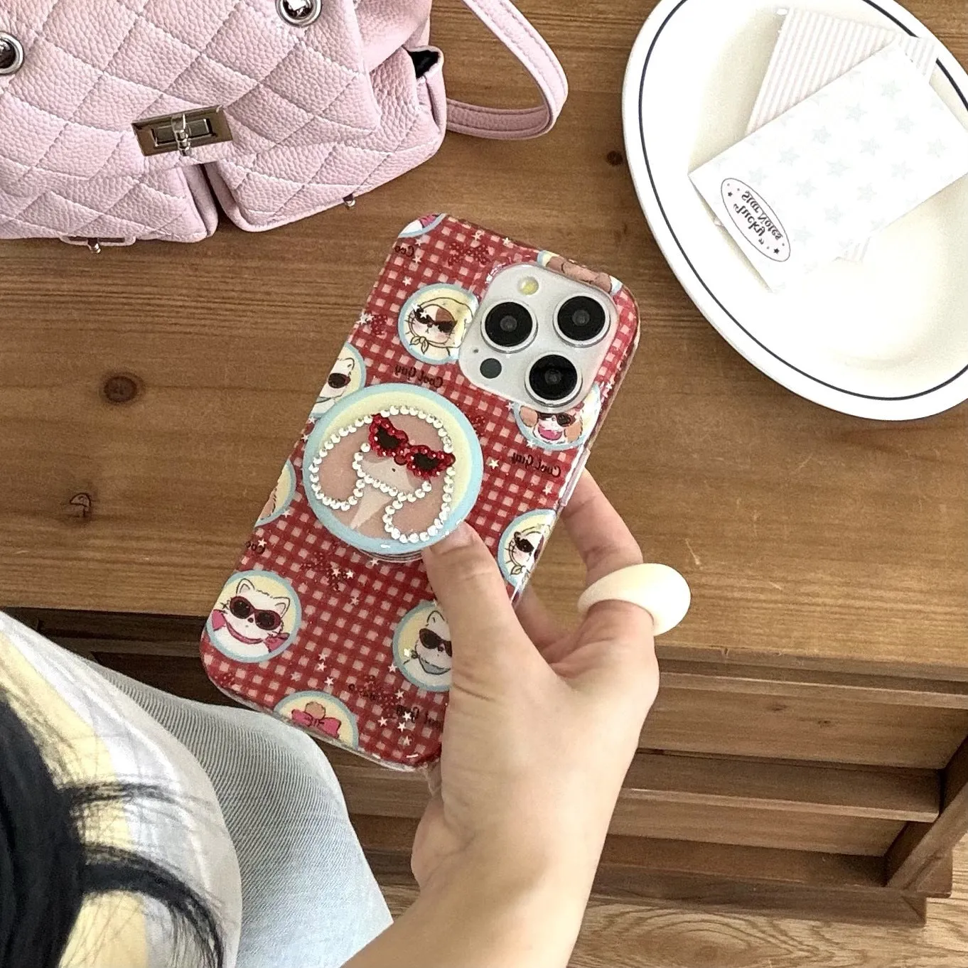Cartoon glasses puppy spot drill phone case with bracket for iPhone 13-16 in TPU PC material