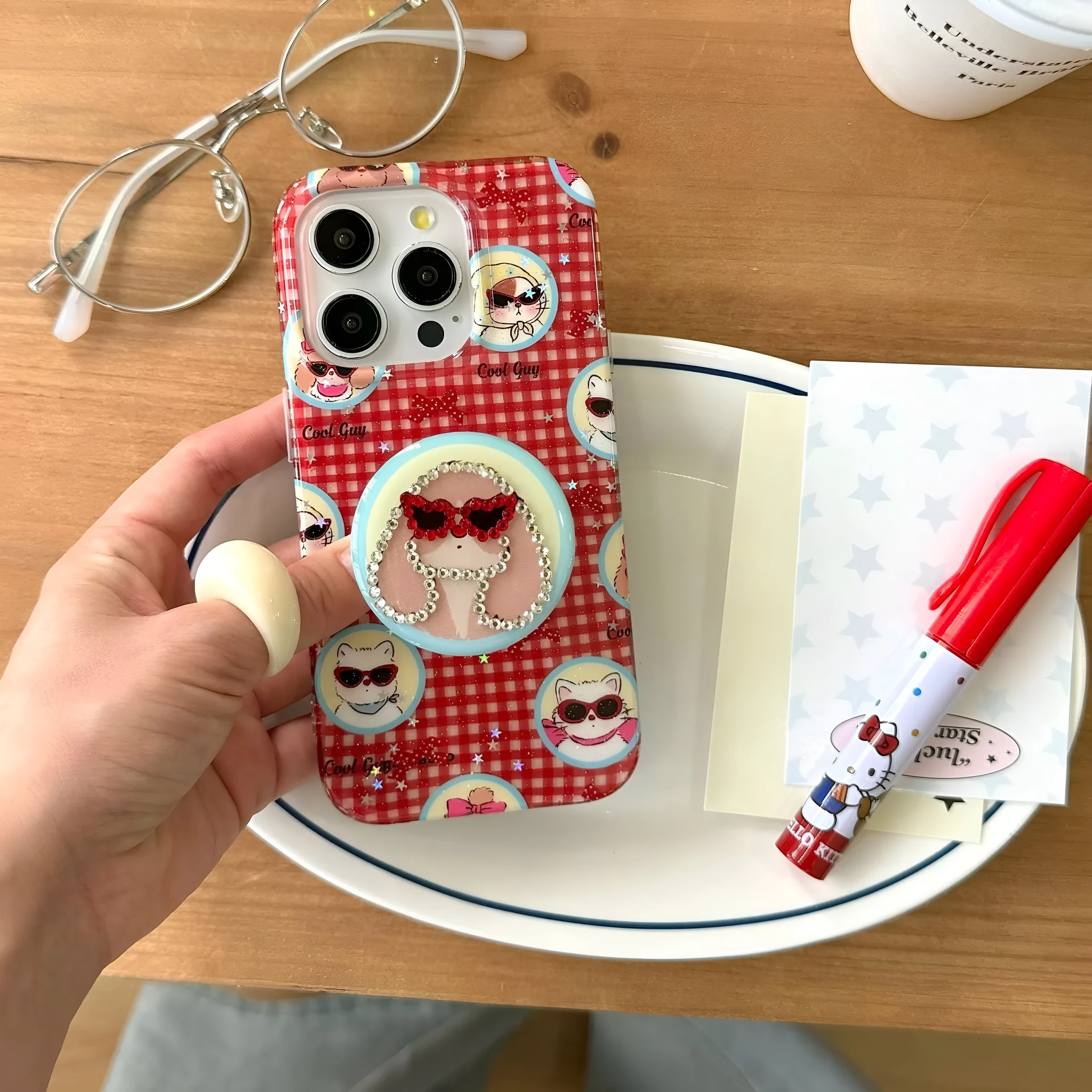 Cartoon glasses puppy spot drill phone case with bracket for iPhone 13-16 in TPU PC material