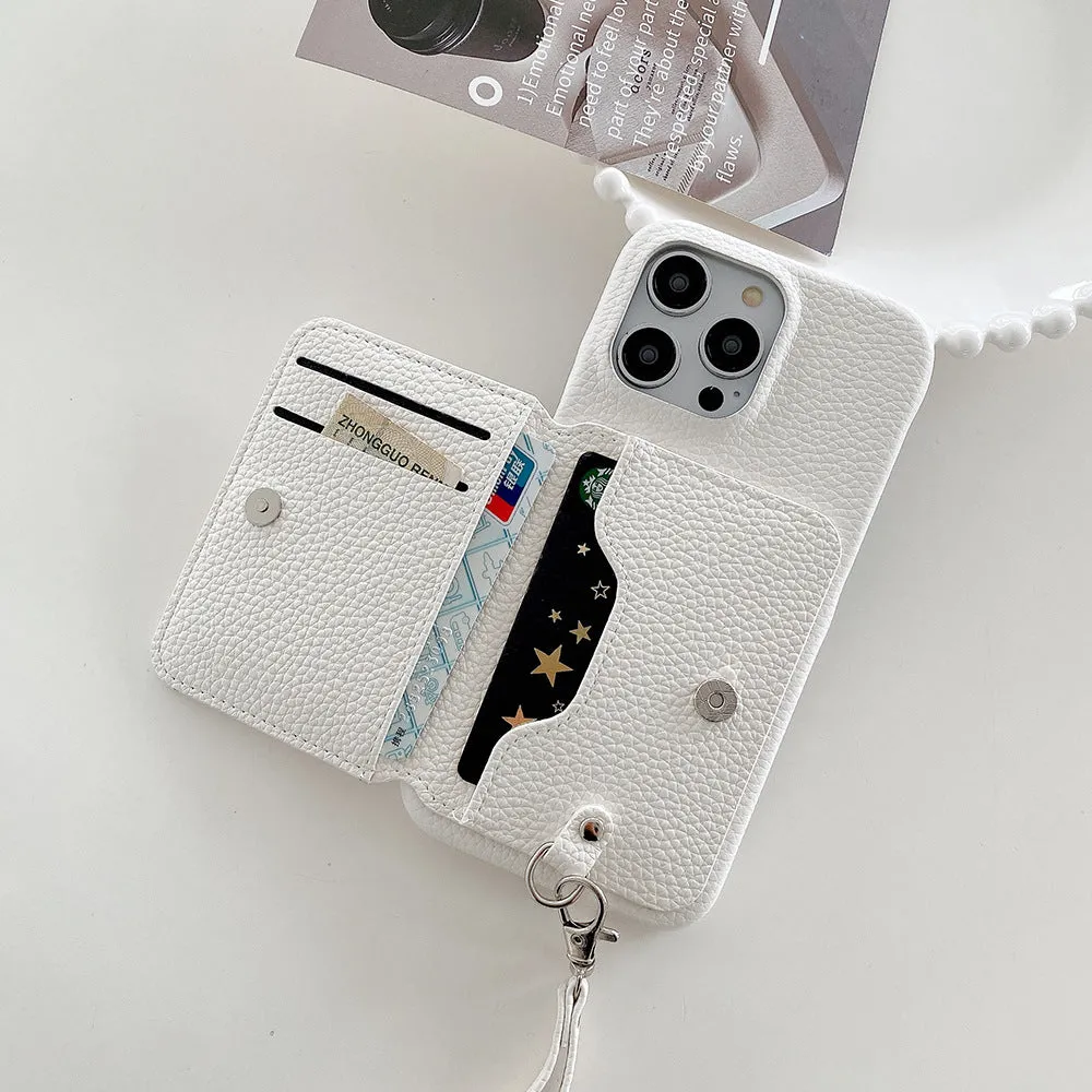 Drop-resistant leather down card holder phone case for iPhone in black with lanyard and bracket