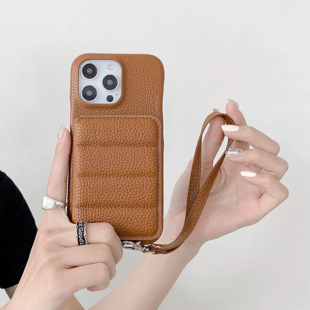Drop-resistant leather down card holder phone case for iPhone in black with lanyard and bracket