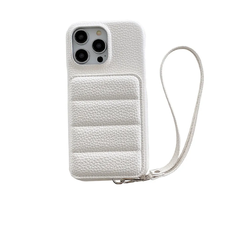 Drop-resistant leather down card holder phone case for iPhone in black with lanyard and bracket